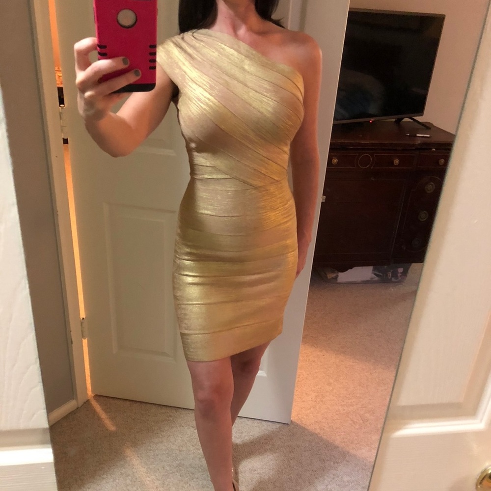 AUTH Herve Leger Gold Foil One Shoulder Bandage Dress - Size Small